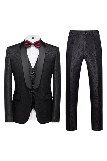 Svart 3 Piece Jacquard Shawl Lapel Menns Prom Suits
